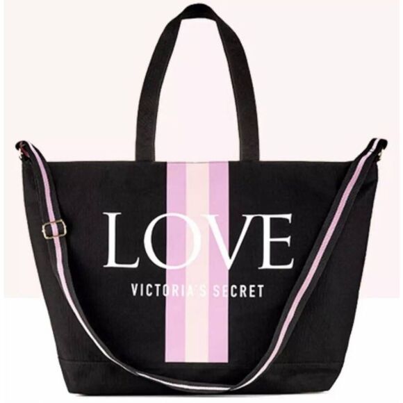 NEW with Tags! Victoria's Secret LOVE Black Pink Logo Stripe Large Weekender Tot - Picture 1 of 6